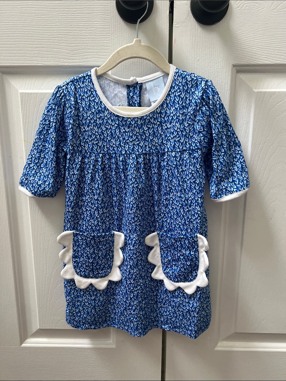 Bella Bliss Blue Patterned Girls Dress with White Trim and Front Pickets